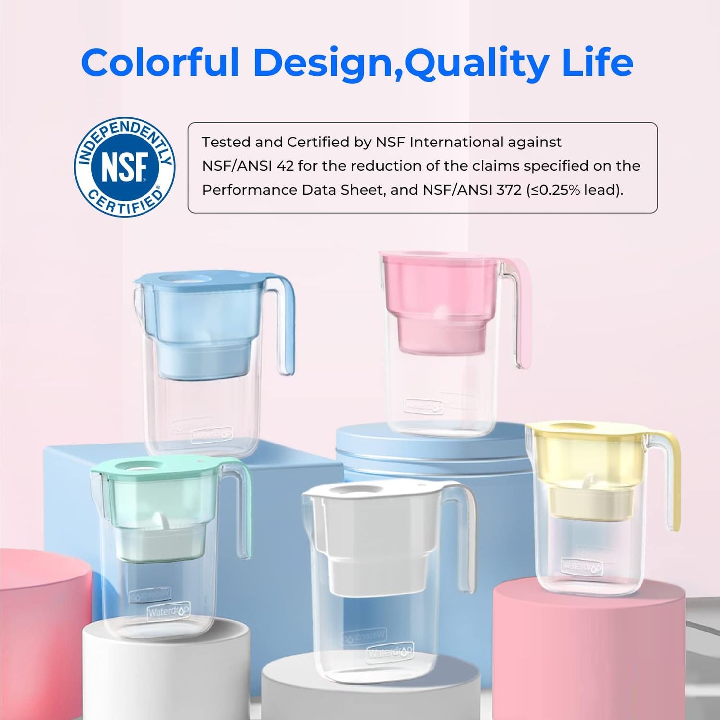 PT-05P Water Filter Pitcher, 7-Cup Capacity, NSF Certified, 5X Longer Filter Life, up to 200 Gallons, for Fridge, Countertop, and Gift Giving, Reduces PFOA/PFOS, Chlorine, Pink