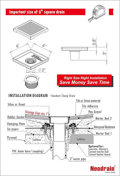 Square Shower Drain with Removable Quadrato Pattern Grate, Brushed 304 Stainless Steel Square Drain for Bathroom, with Hair Strainer and Lifting Hook,Cupc Certified (Brushed Nickel, 6 In)