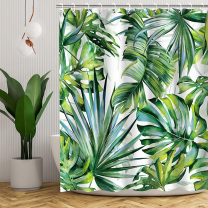 Tropical Green Plant Leaf Shower Curtain Set, Botanical Jungle Design with 12 Hooks for Bathroom Decor, 72"X72"
