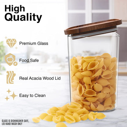 Square Glass Jars with Wood Lids Set of (2) 80 Fl Oz Airtight and Stackable Storage Containers for Kitchen Pantry or Bathroom BPA Free and Recyclable Canister for Food Cookies Coffee Pasta Sugar