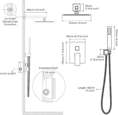 Rain Shower System Sets Faucet:  10 Inch Overhead Rainhead Shower Combo Set with Handheld and Valve-Luxury Modern Mixer Rainfall Brushed Nickel Shower Faucets Sets Complete