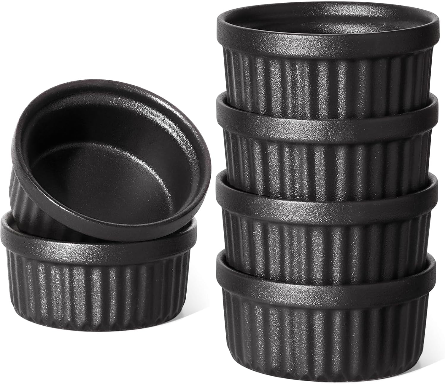 Set of 6 Matte Black 4 oz Oven Safe Ramekins - Perfect for Creme Brulee, Pudding, Souffle, and Dipping Sauces