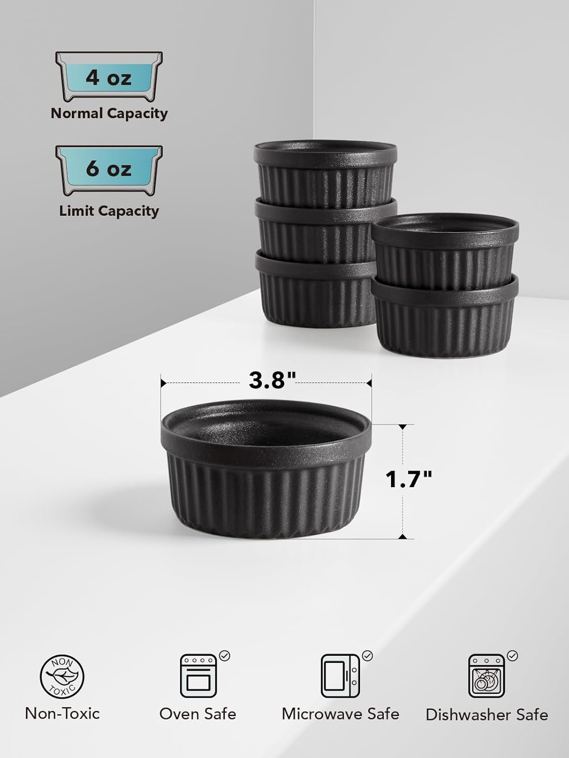 Set of 6 Matte Black 4 oz Oven Safe Ramekins - Perfect for Creme Brulee, Pudding, Souffle, and Dipping Sauces
