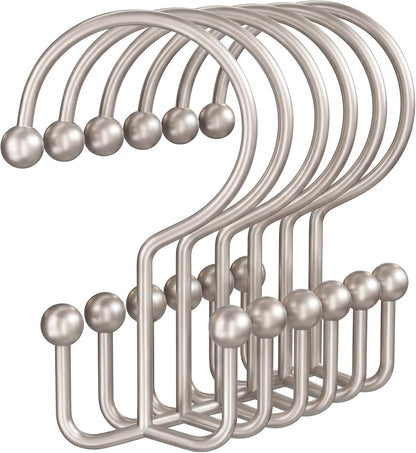 Shower Curtain Hooks, Metal Shower Curtain Rings, Decorative Shower Curtain Hooks Rust Proof, Double Shower Rings for Curtain, Easy Install Shower Hooks for Shower Curtain (Matte Nickel, 12 Pack)