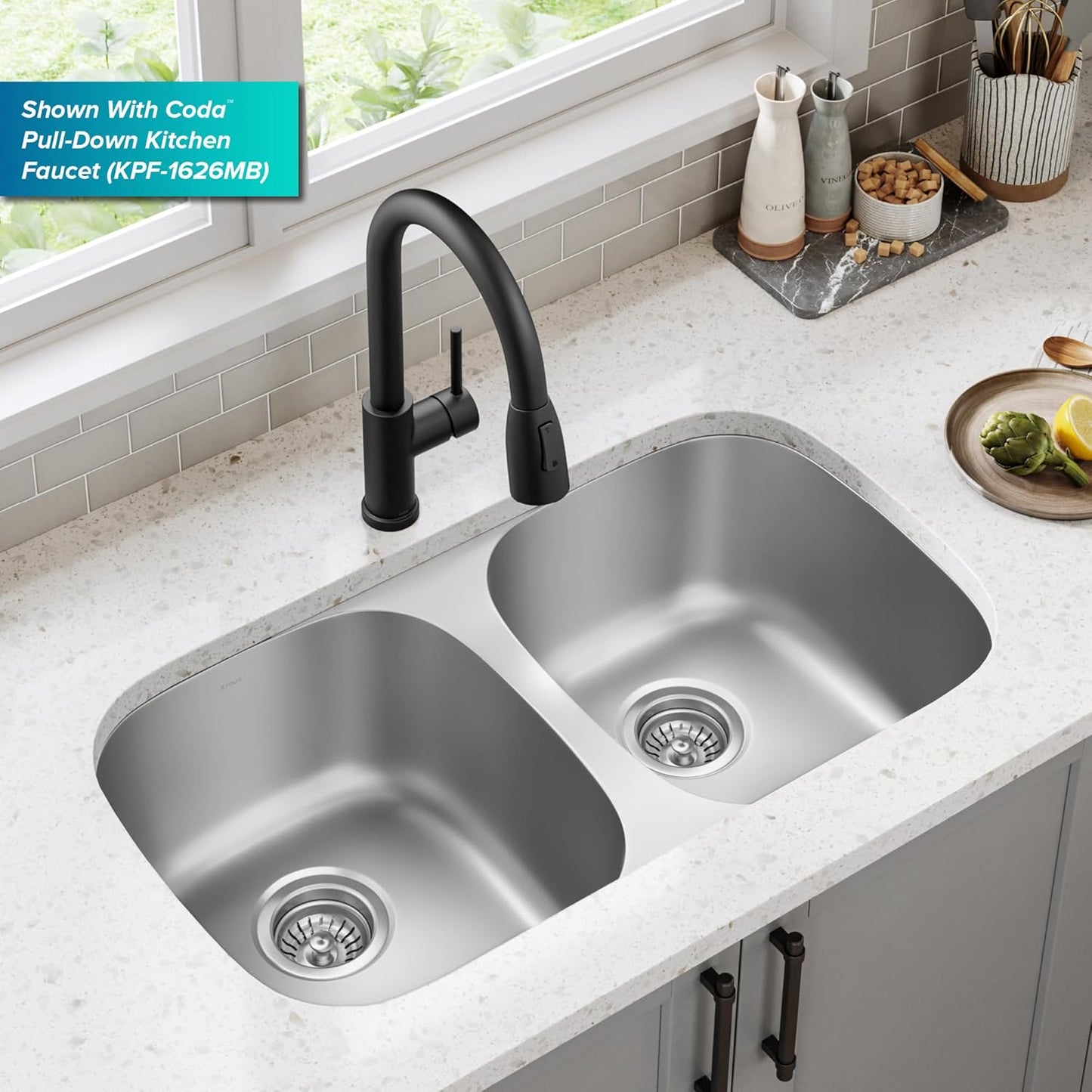 KRAUS Premier 32-Inch Undermount 50/50 Double Bowl 18-Gauge Stainless Steel Kitchen Sink with Strainers (X2), KBU22