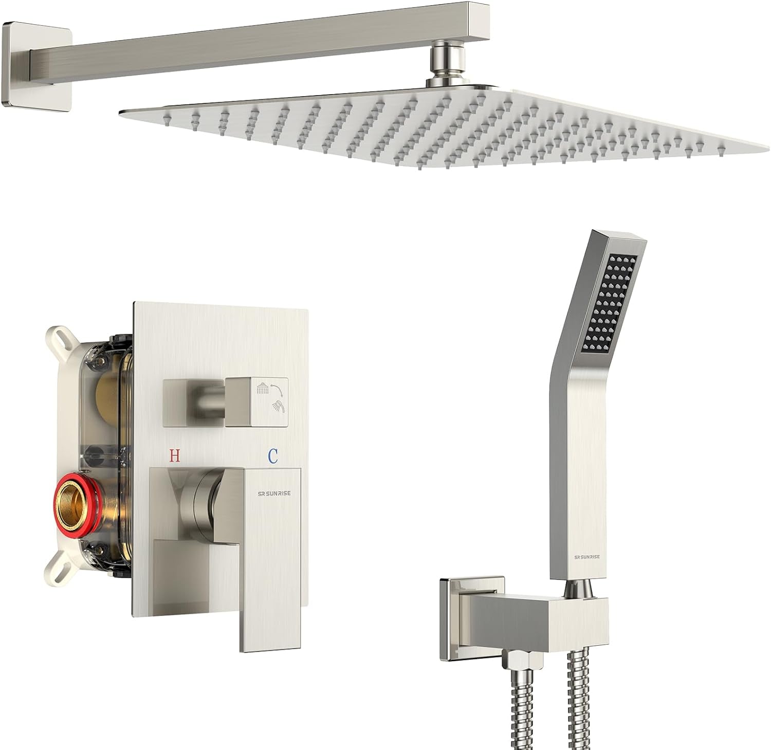 12 Inches Bathroom Luxury Rain Mixer Shower Combo Set Wall Mounted Rainfall Shower Head System Brushed Nickel Finish Shower Faucet Rough-In