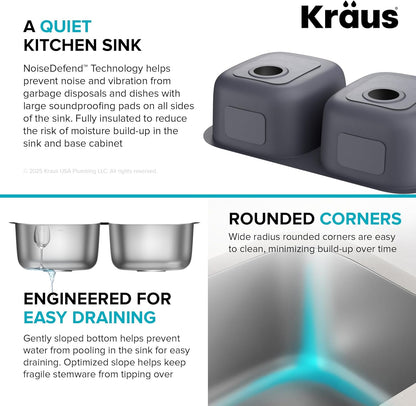 KRAUS Premier 32-Inch Undermount 50/50 Double Bowl 18-Gauge Stainless Steel Kitchen Sink with Strainers (X2), KBU22