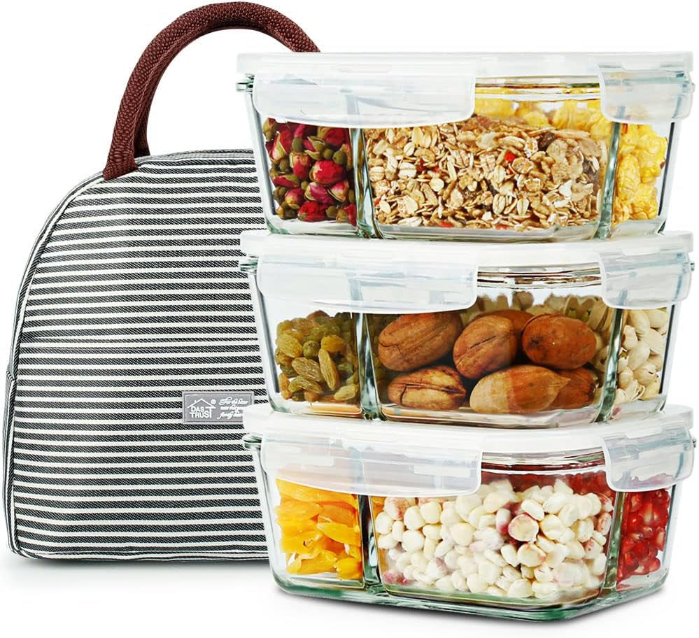Premium 3-Pack 36Oz Glass Bento Box Meal Prep Containers - 3 Compartment Design, Oven & Microwave Safe, Perfect for Lunch, Meal Prep, and Food Storage