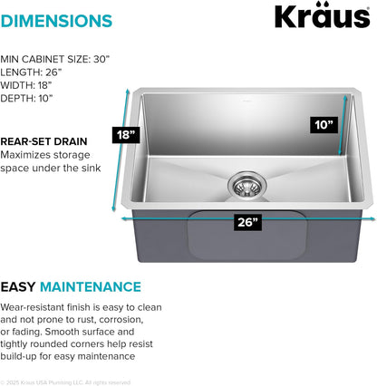 KRAUS Standart PRO 26-Inch 16 Gauge Undermount Single Bowl Stainless Steel Kitchen Sink, KHU100-26