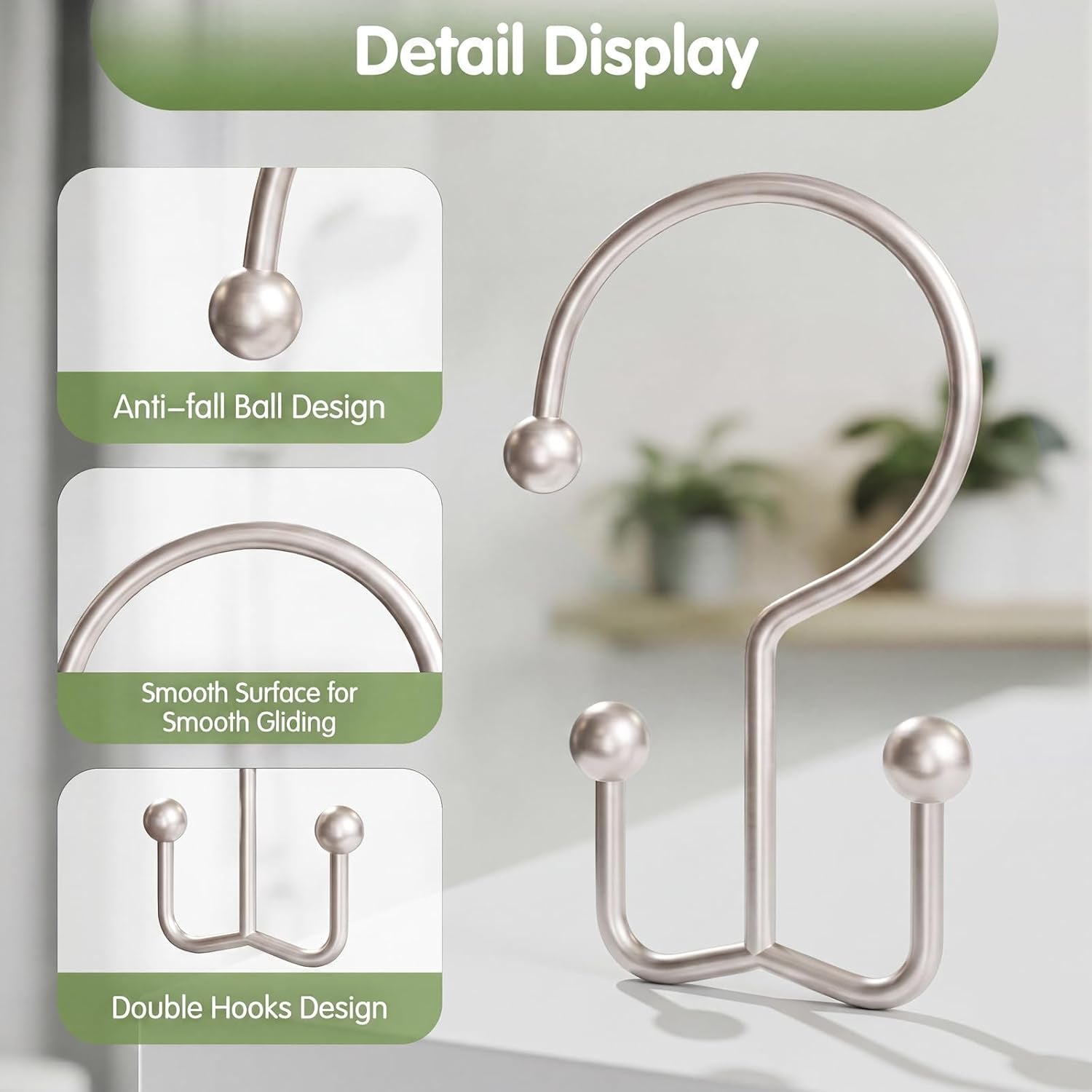 Shower Curtain Hooks, Metal Shower Curtain Rings, Decorative Shower Curtain Hooks Rust Proof, Double Shower Rings for Curtain, Easy Install Shower Hooks for Shower Curtain (Matte Nickel, 12 Pack)