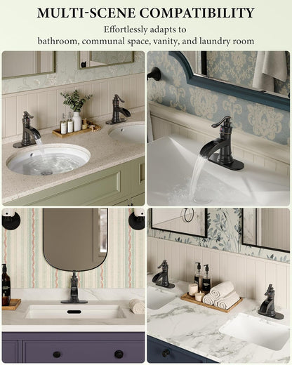 Waterfall Bathroom Faucet Oil Rubbed Bronze Sink with Pop up Drain Stopper Faucets Single Hole Rustic Vanity Farmhouse Overflow One Handle Bath Black Commercial Assembly by