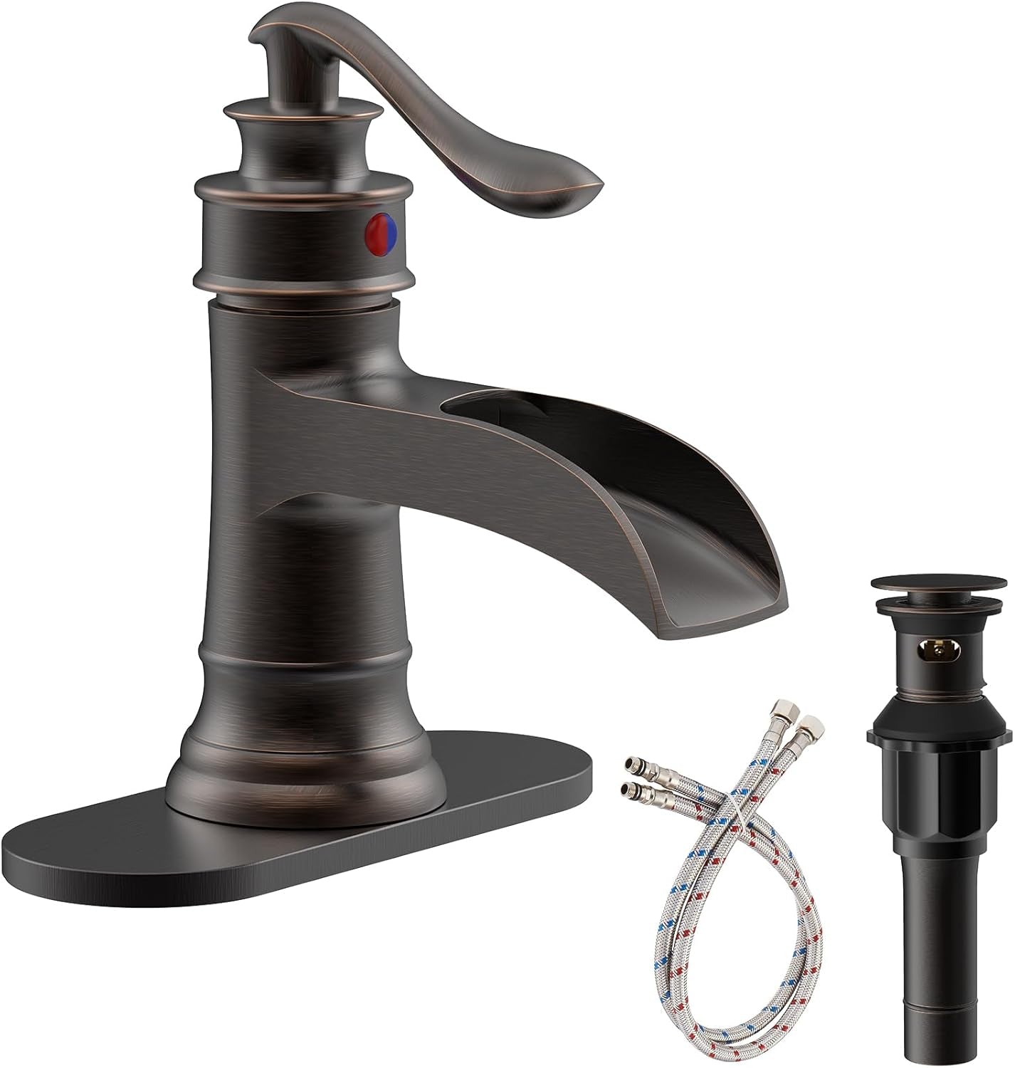 Waterfall Bathroom Faucet Oil Rubbed Bronze Sink with Pop up Drain Stopper Faucets Single Hole Rustic Vanity Farmhouse Overflow One Handle Bath Black Commercial Assembly by