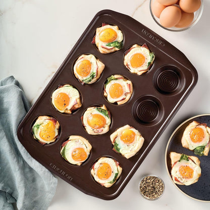 Premium Nonstick 12-Cup Muffin Tin - Durable Steel in Elegant Brown Finish