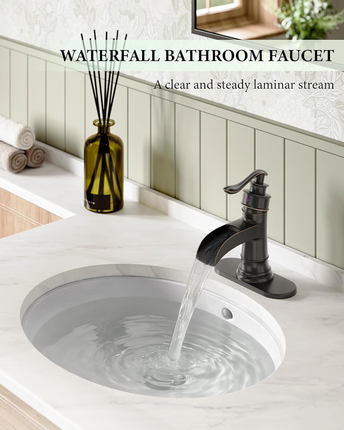 Waterfall Bathroom Faucet Oil Rubbed Bronze Sink with Pop up Drain Stopper Faucets Single Hole Rustic Vanity Farmhouse Overflow One Handle Bath Black Commercial Assembly by