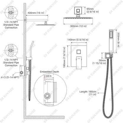 12 Inches Bathroom Luxury Rain Mixer Shower Combo Set Wall Mounted Rainfall Shower Head System Brushed Nickel Finish Shower Faucet Rough-In