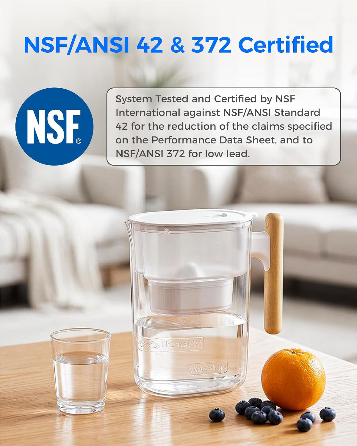 PT-04C Water Filter Pitcher, 10-Cup Capacity, NSF Certified, 200-Gallon Long-Life Filter, 5X Longer Filter Life, Reduces PFOA/PFOS and Chlorine, Bpa-Free, Sturdy Wooden Handle, Clear