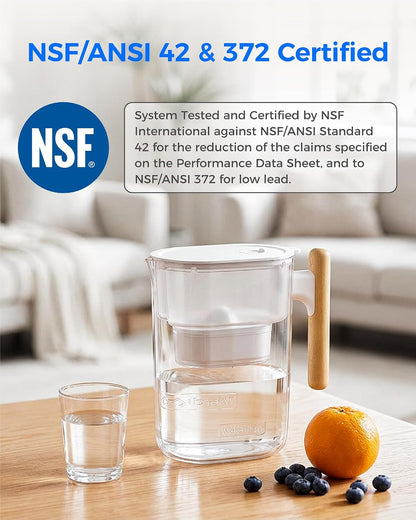 PT-04C Water Filter Pitcher, 10-Cup Capacity, NSF Certified, 200-Gallon Long-Life Filter, 5X Longer Filter Life, Reduces PFOA/PFOS and Chlorine, Bpa-Free, Sturdy Wooden Handle, Clear