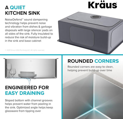 KRAUS Standart PRO 26-Inch 16 Gauge Undermount Single Bowl Stainless Steel Kitchen Sink, KHU100-26
