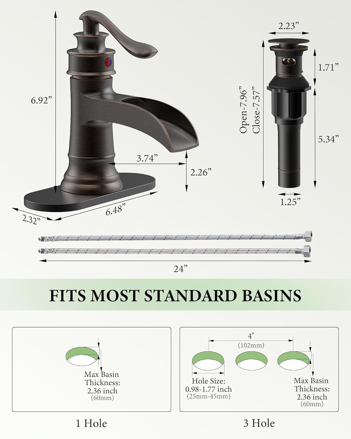 Waterfall Bathroom Faucet Oil Rubbed Bronze Sink with Pop up Drain Stopper Faucets Single Hole Rustic Vanity Farmhouse Overflow One Handle Bath Black Commercial Assembly by