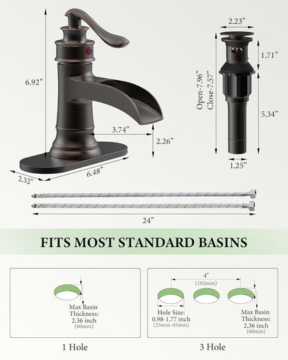 Waterfall Bathroom Faucet Oil Rubbed Bronze Sink with Pop up Drain Stopper Faucets Single Hole Rustic Vanity Farmhouse Overflow One Handle Bath Black Commercial Assembly by