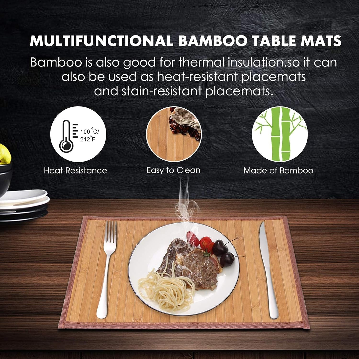 Elegant Bamboo Placemats Set of 4 - Heat Resistant, Durable & Stain Resistant Table Mats for Indoor/Outdoor Dining, Easy to Clean 11.5 x 17.5 Inch