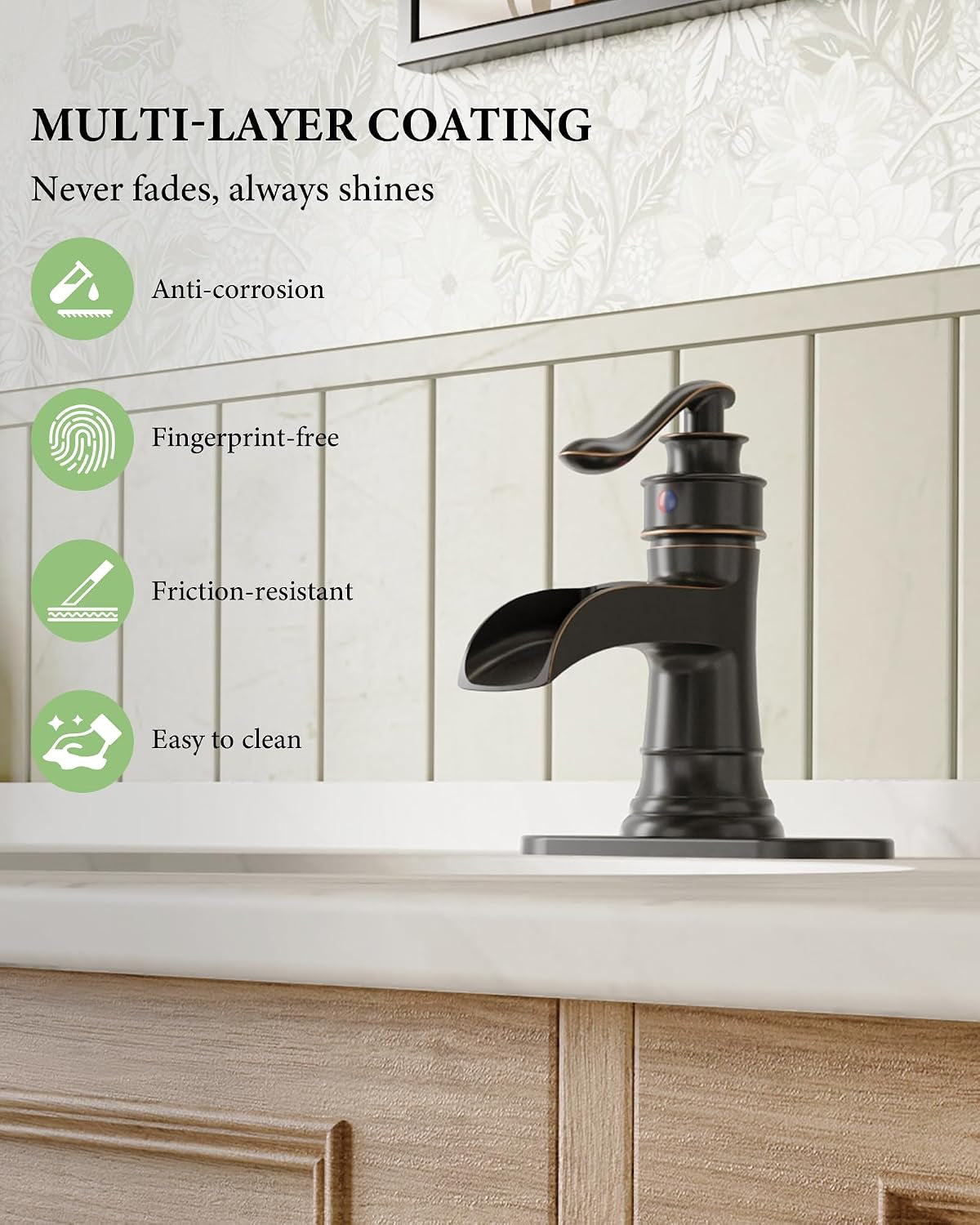 Waterfall Bathroom Faucet Oil Rubbed Bronze Sink with Pop up Drain Stopper Faucets Single Hole Rustic Vanity Farmhouse Overflow One Handle Bath Black Commercial Assembly by