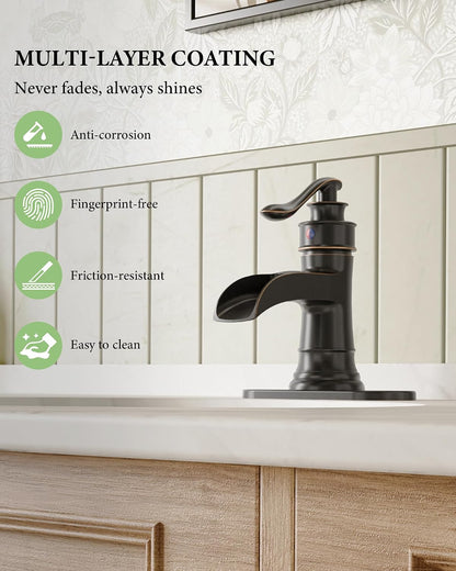 Waterfall Bathroom Faucet Oil Rubbed Bronze Sink with Pop up Drain Stopper Faucets Single Hole Rustic Vanity Farmhouse Overflow One Handle Bath Black Commercial Assembly by