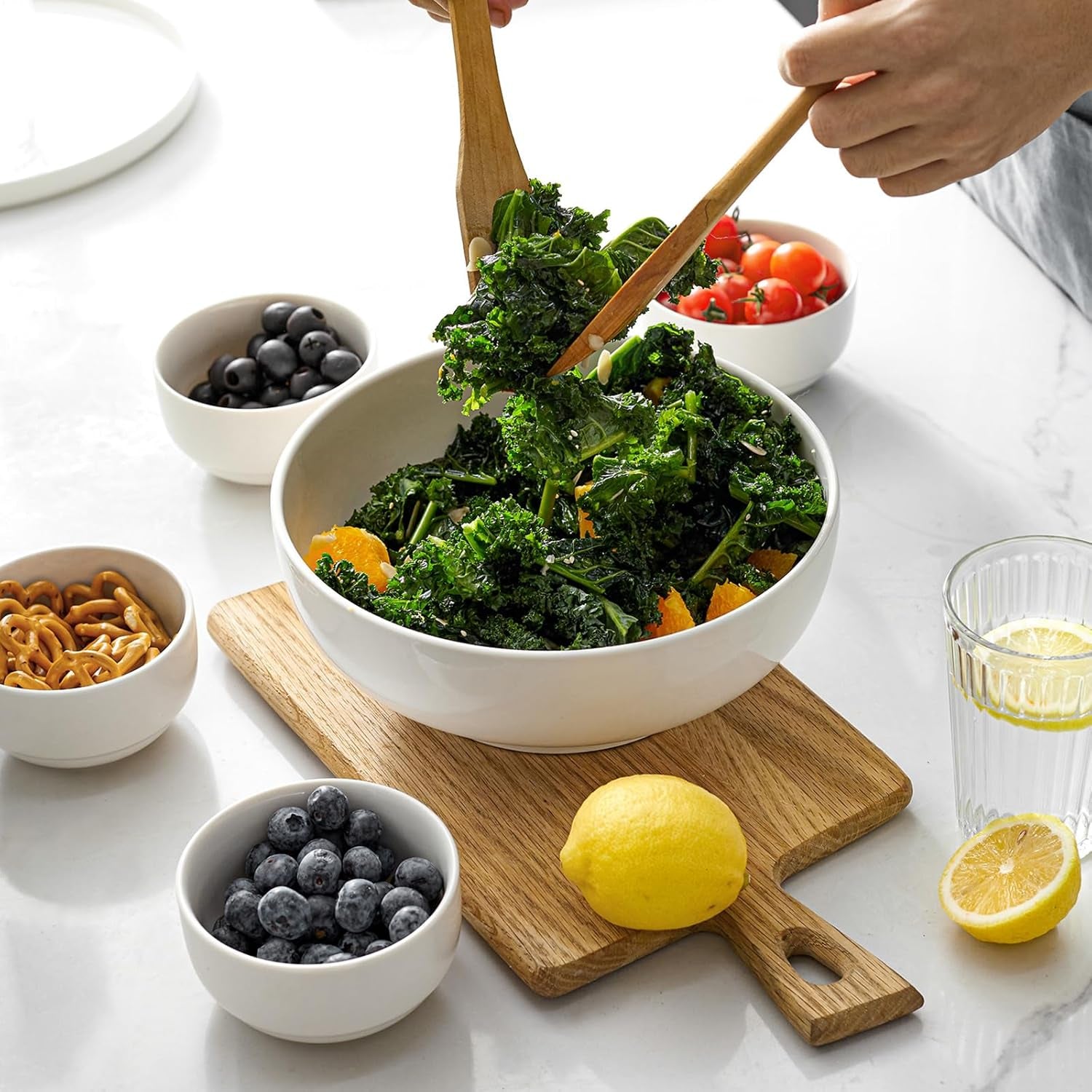 Elegant 9.5" White Serving Bowls - Perfect for Salad, Pasta, and Entertaining - Microwave & Dishwasher Safe Centerpiece for Dinner Parties