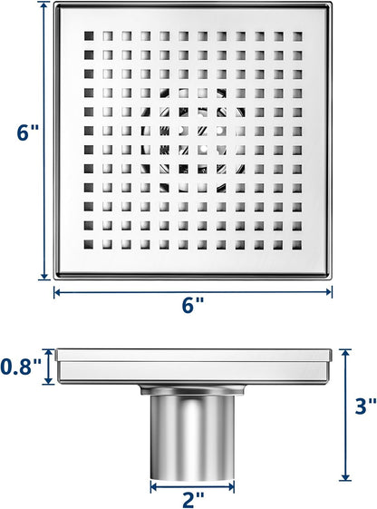Square Shower Drain with Removable Quadrato Pattern Grate, Brushed 304 Stainless Steel Square Drain for Bathroom, with Hair Strainer and Lifting Hook,Cupc Certified (Brushed Nickel, 6 In)