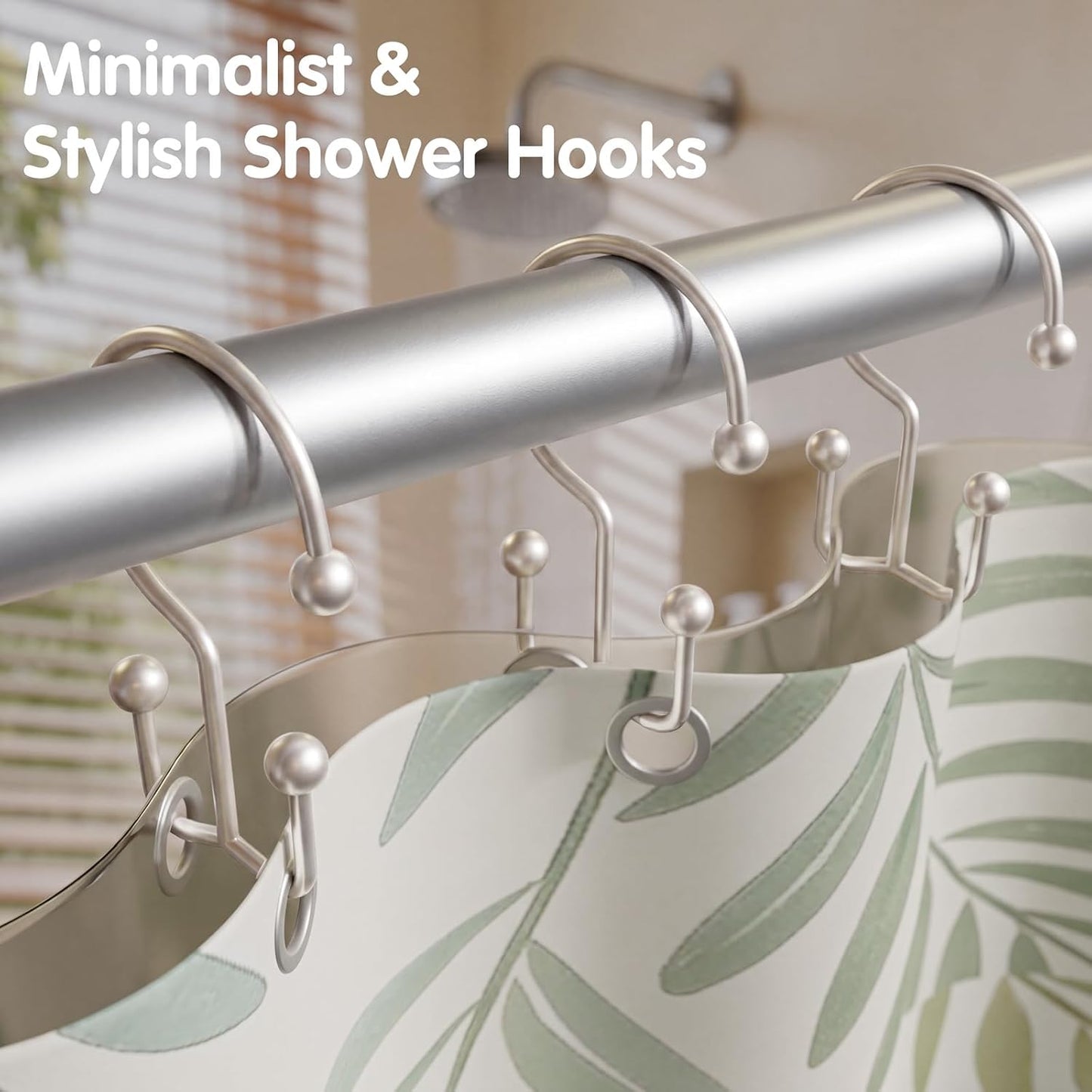 Shower Curtain Hooks, Metal Shower Curtain Rings, Decorative Shower Curtain Hooks Rust Proof, Double Shower Rings for Curtain, Easy Install Shower Hooks for Shower Curtain (Matte Nickel, 12 Pack)