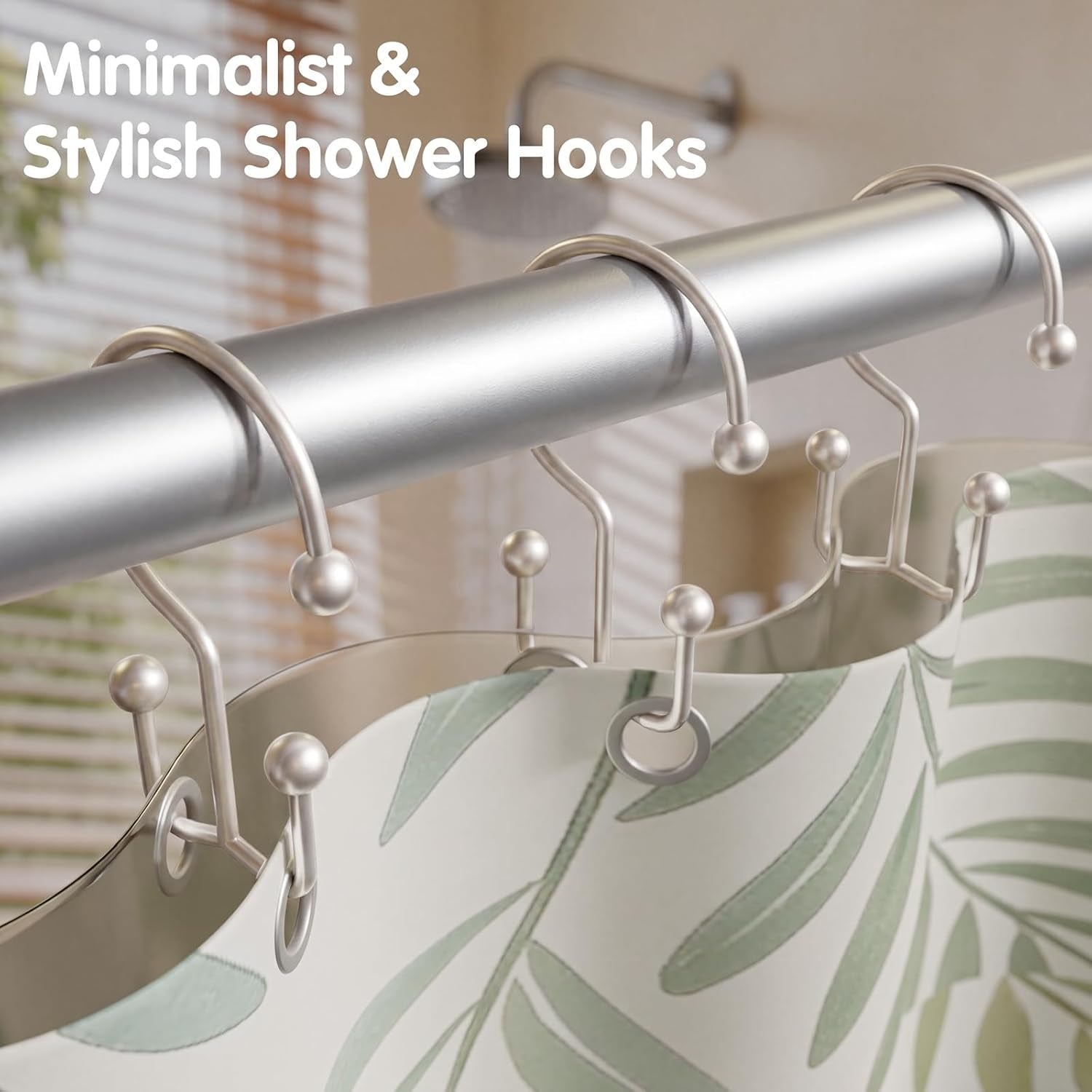 Shower Curtain Hooks, Metal Shower Curtain Rings, Decorative Shower Curtain Hooks Rust Proof, Double Shower Rings for Curtain, Easy Install Shower Hooks for Shower Curtain (Matte Nickel, 12 Pack)