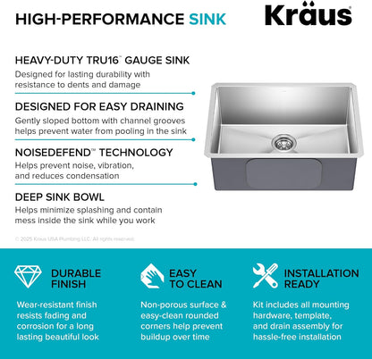 KRAUS Standart PRO 26-Inch 16 Gauge Undermount Single Bowl Stainless Steel Kitchen Sink, KHU100-26
