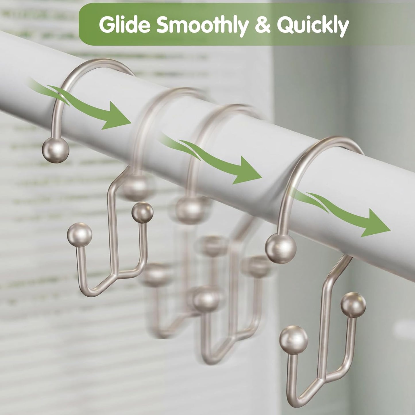Shower Curtain Hooks, Metal Shower Curtain Rings, Decorative Shower Curtain Hooks Rust Proof, Double Shower Rings for Curtain, Easy Install Shower Hooks for Shower Curtain (Matte Nickel, 12 Pack)