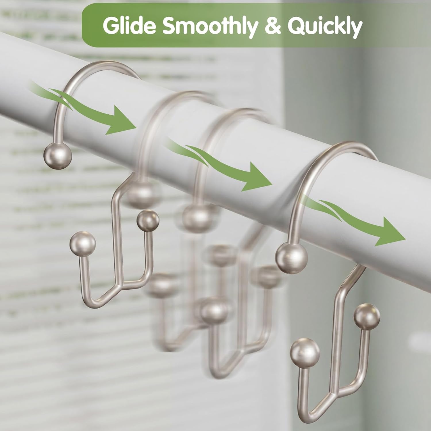 Shower Curtain Hooks, Metal Shower Curtain Rings, Decorative Shower Curtain Hooks Rust Proof, Double Shower Rings for Curtain, Easy Install Shower Hooks for Shower Curtain (Matte Nickel, 12 Pack)