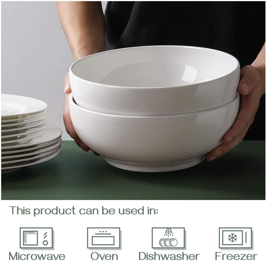 Elegant 9.5" White Serving Bowls - Perfect for Salad, Pasta, and Entertaining - Microwave & Dishwasher Safe Centerpiece for Dinner Parties