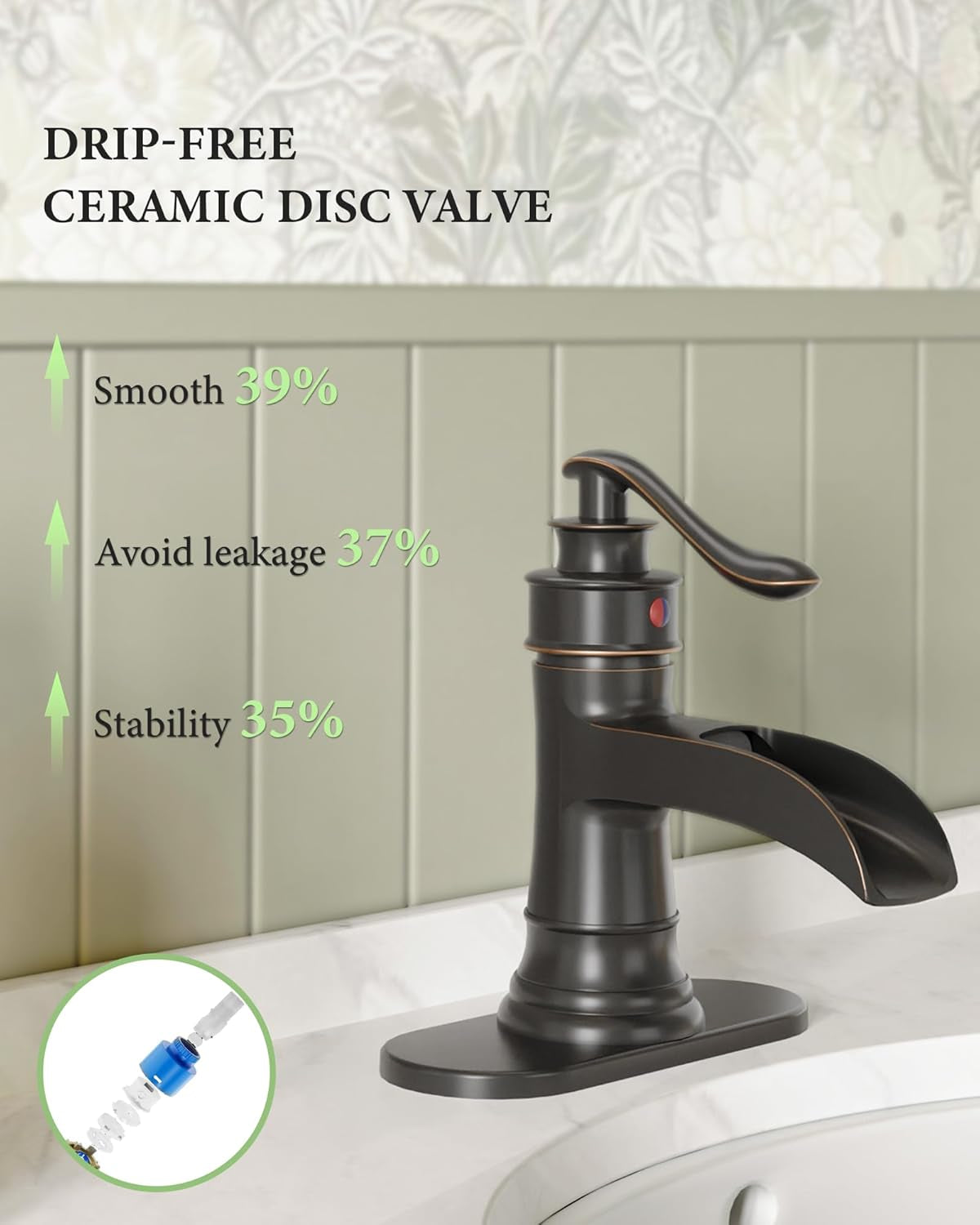 Waterfall Bathroom Faucet Oil Rubbed Bronze Sink with Pop up Drain Stopper Faucets Single Hole Rustic Vanity Farmhouse Overflow One Handle Bath Black Commercial Assembly by