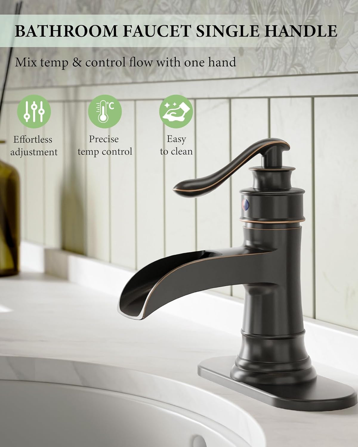 Waterfall Bathroom Faucet Oil Rubbed Bronze Sink with Pop up Drain Stopper Faucets Single Hole Rustic Vanity Farmhouse Overflow One Handle Bath Black Commercial Assembly by