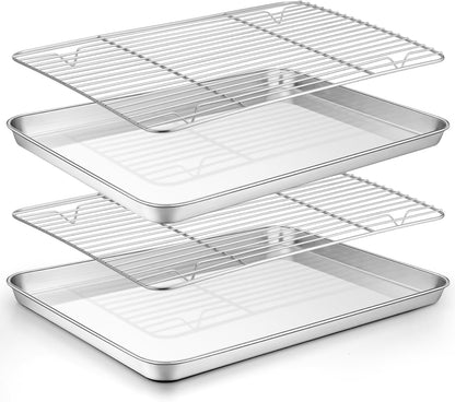 Baking Sheet with Rack Set (2 Pans + 2 Racks), 16 X 12 X 1 Inch, Stainless Steel Baking Pan Cookie Sheet with Cooling Rack for Baking, Non Toxic & Healthy, Easy Clean & Dishwasher Safe