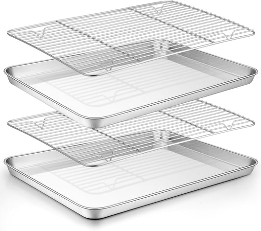 Baking Sheet with Rack Set (2 Pans + 2 Racks), 16 X 12 X 1 Inch, Stainless Steel Baking Pan Cookie Sheet with Cooling Rack for Baking, Non Toxic & Healthy, Easy Clean & Dishwasher Safe