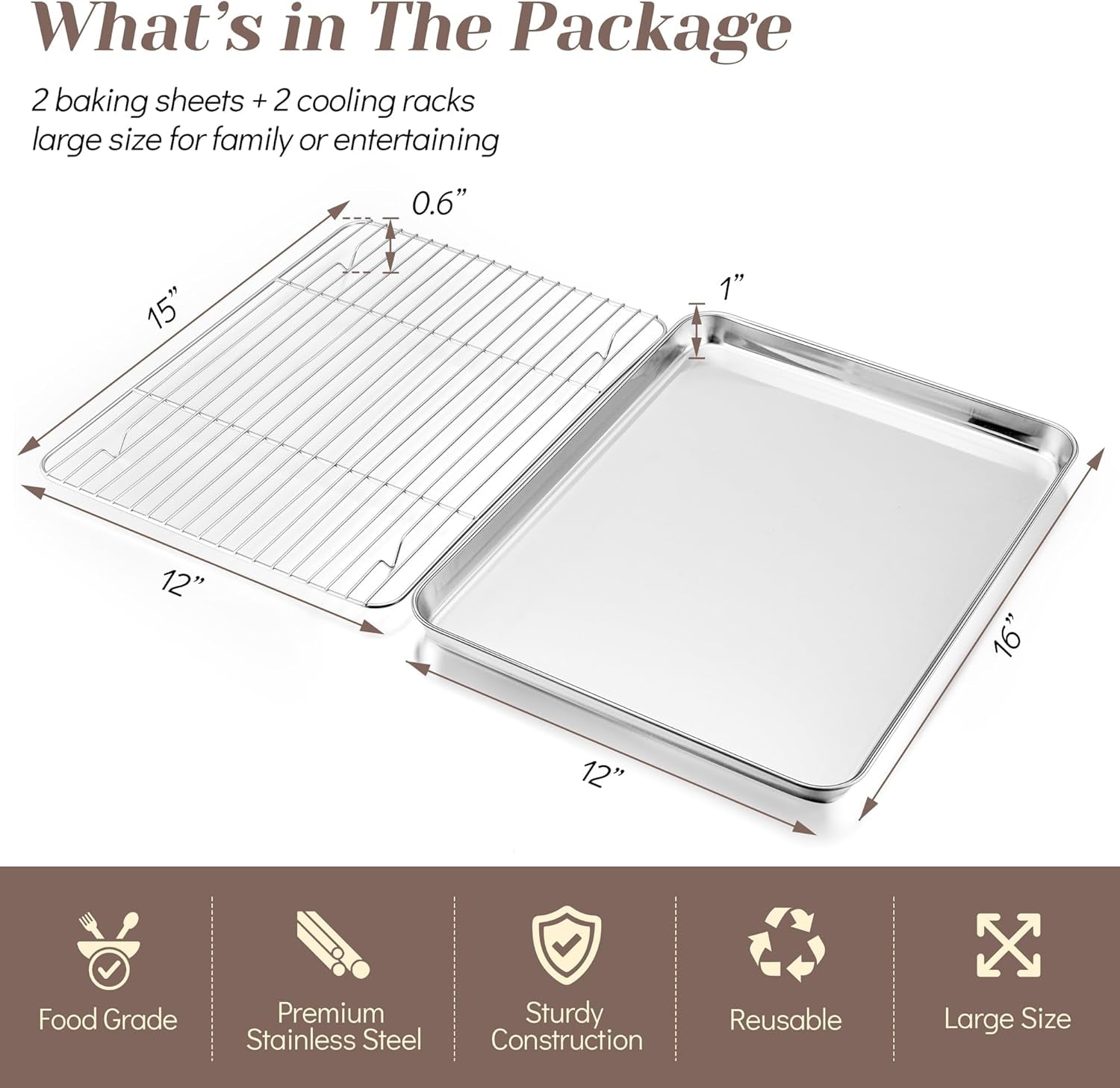 Baking Sheet with Rack Set (2 Pans + 2 Racks), 16 X 12 X 1 Inch, Stainless Steel Baking Pan Cookie Sheet with Cooling Rack for Baking, Non Toxic & Healthy, Easy Clean & Dishwasher Safe