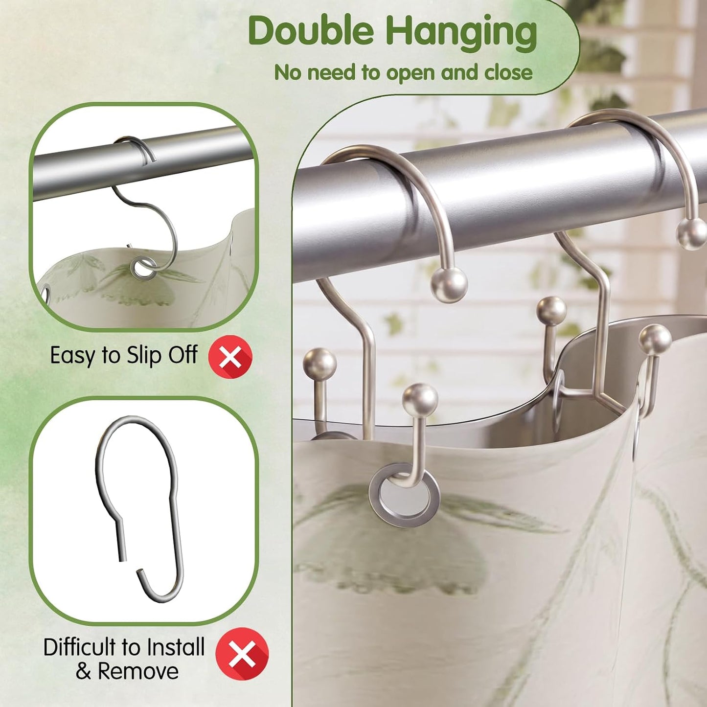 Shower Curtain Hooks, Metal Shower Curtain Rings, Decorative Shower Curtain Hooks Rust Proof, Double Shower Rings for Curtain, Easy Install Shower Hooks for Shower Curtain (Matte Nickel, 12 Pack)