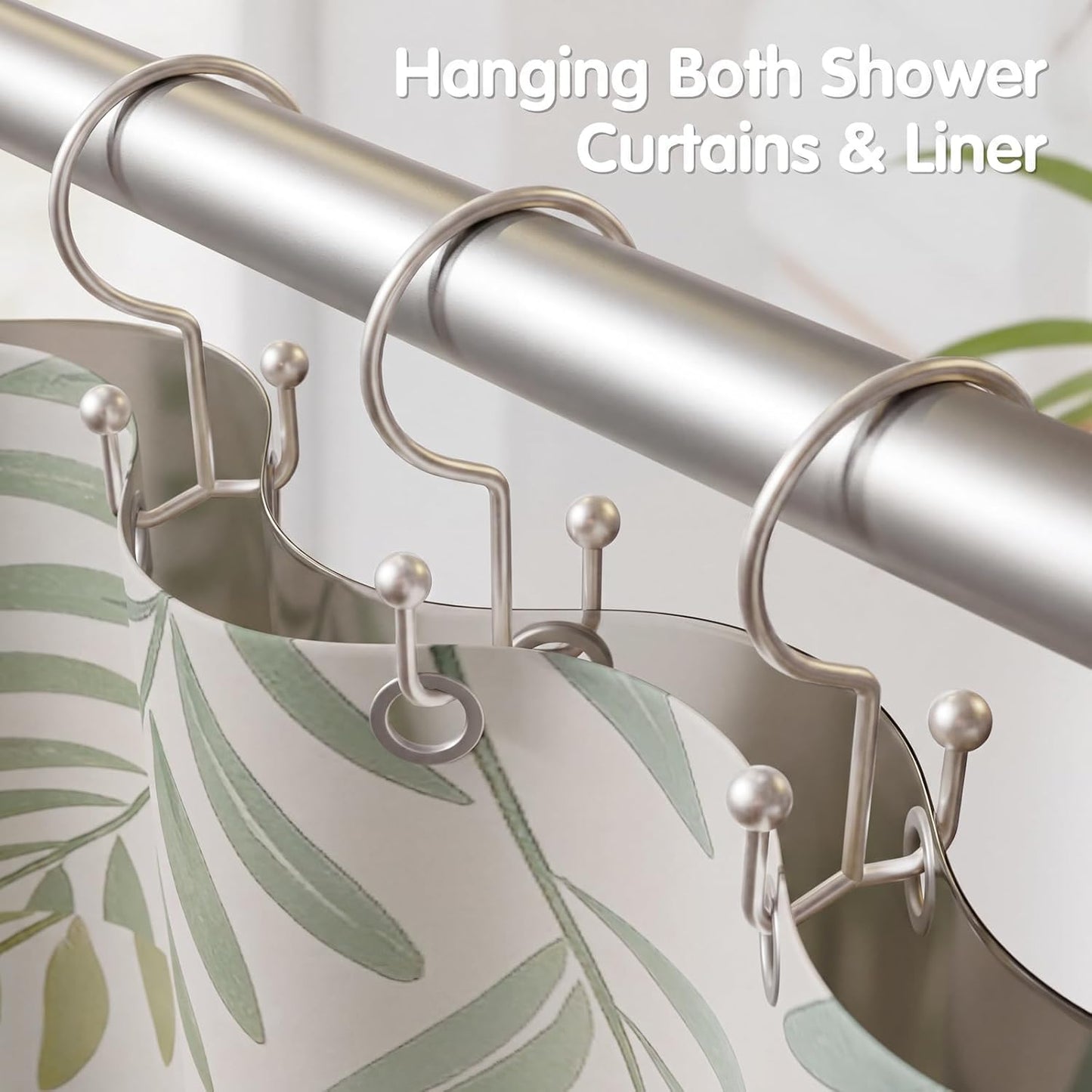 Shower Curtain Hooks, Metal Shower Curtain Rings, Decorative Shower Curtain Hooks Rust Proof, Double Shower Rings for Curtain, Easy Install Shower Hooks for Shower Curtain (Matte Nickel, 12 Pack)