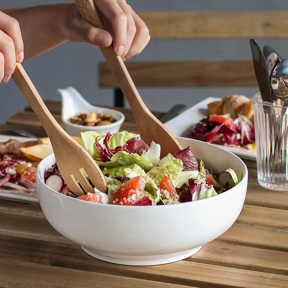Elegant 9.5" White Serving Bowls - Perfect for Salad, Pasta, and Entertaining - Microwave & Dishwasher Safe Centerpiece for Dinner Parties