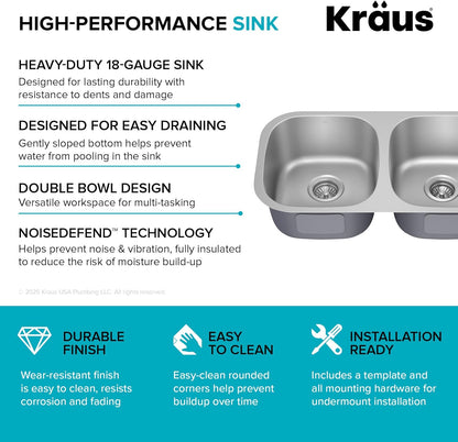 KRAUS Premier 32-Inch Undermount 50/50 Double Bowl 18-Gauge Stainless Steel Kitchen Sink with Strainers (X2), KBU22