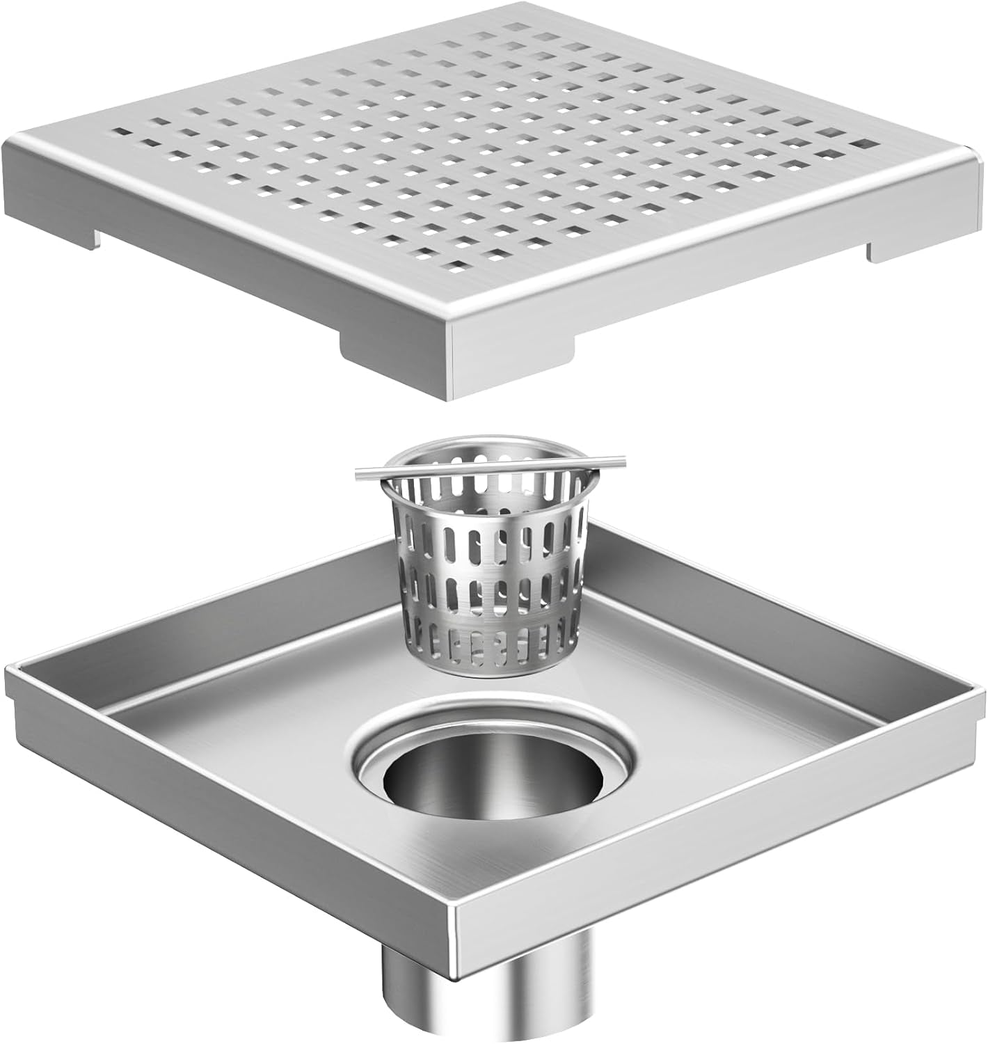 Square Shower Drain with Removable Quadrato Pattern Grate, Brushed 304 Stainless Steel Square Drain for Bathroom, with Hair Strainer and Lifting Hook,Cupc Certified (Brushed Nickel, 6 In)