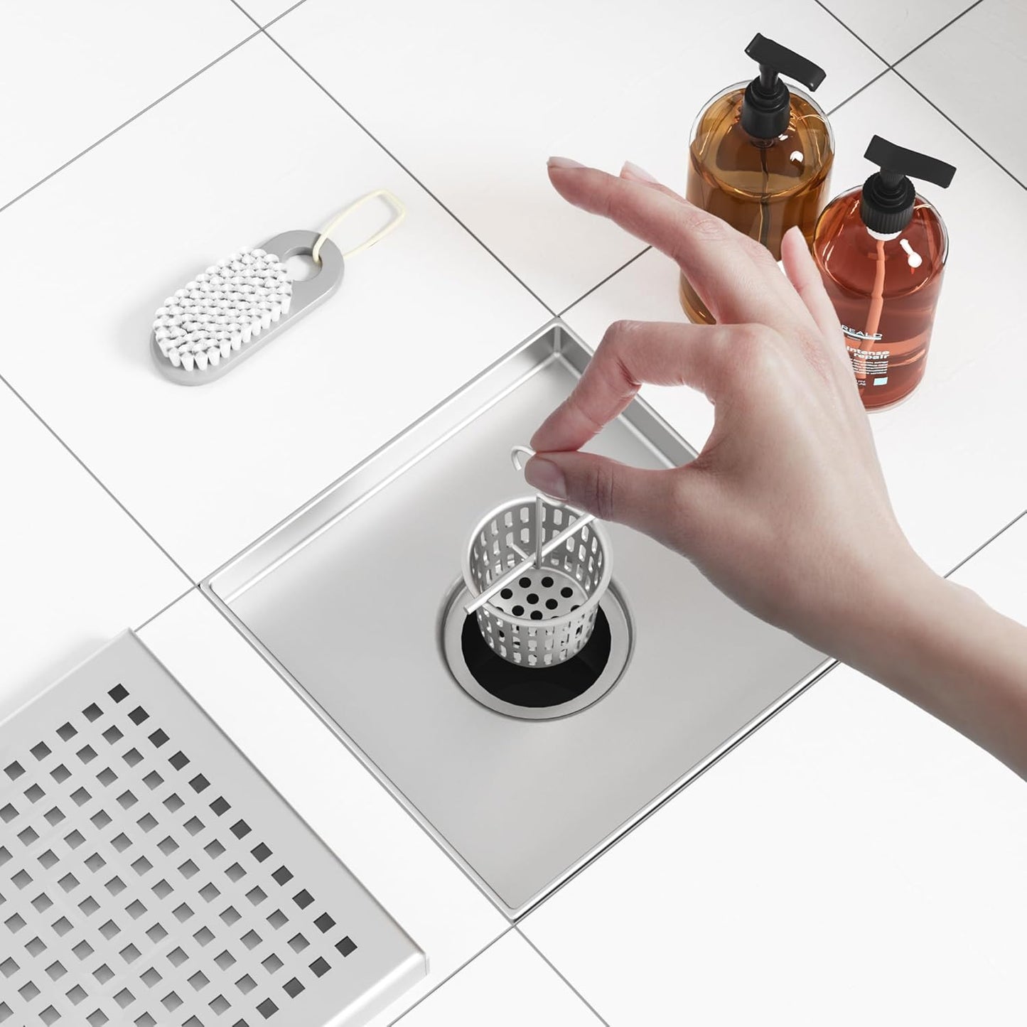 Square Shower Drain with Removable Quadrato Pattern Grate, Brushed 304 Stainless Steel Square Drain for Bathroom, with Hair Strainer and Lifting Hook,Cupc Certified (Brushed Nickel, 6 In)