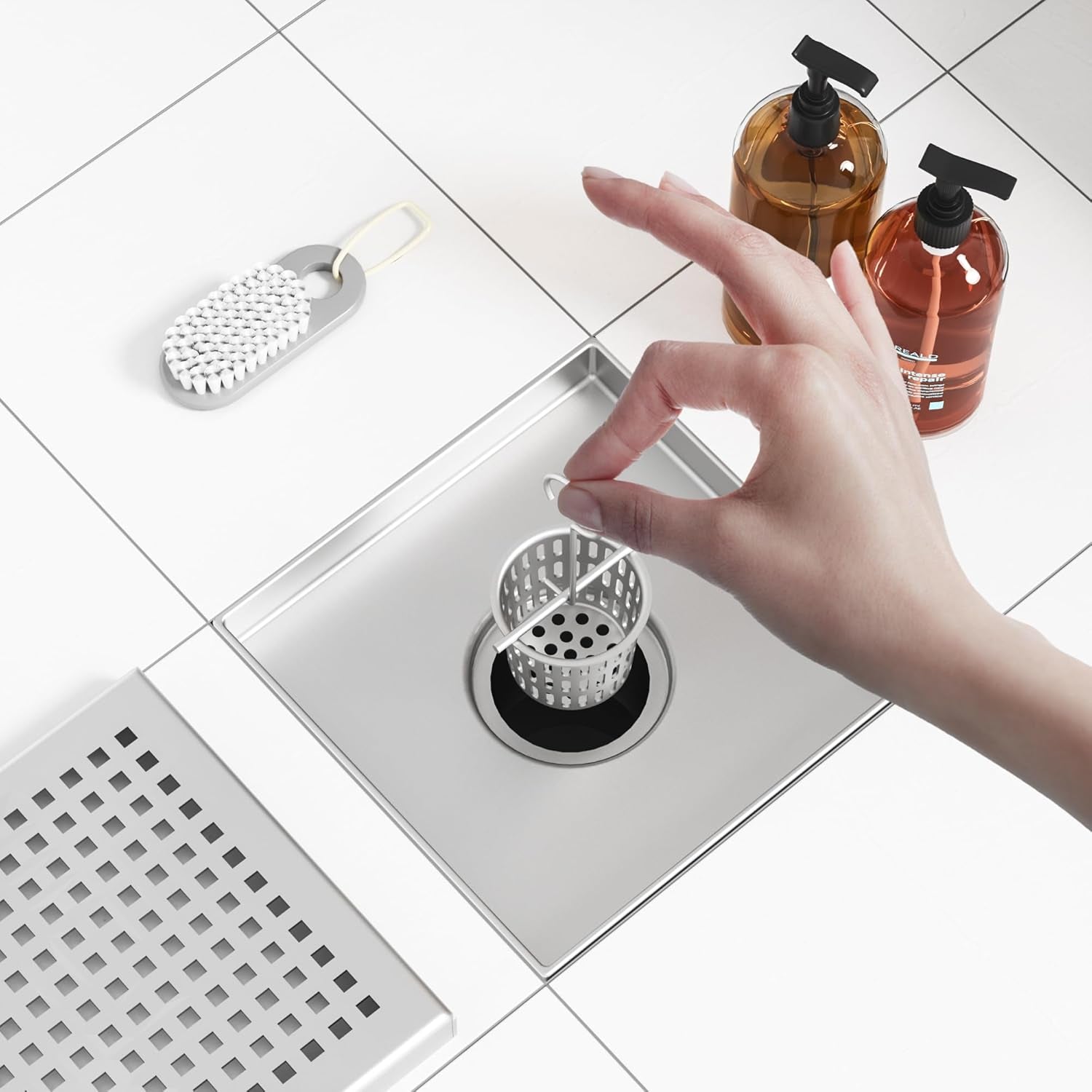Square Shower Drain with Removable Quadrato Pattern Grate, Brushed 304 Stainless Steel Square Drain for Bathroom, with Hair Strainer and Lifting Hook,Cupc Certified (Brushed Nickel, 6 In)