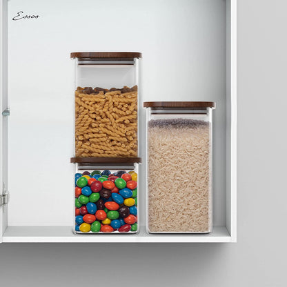 Square Glass Jars with Wood Lids Set of (2) 80 Fl Oz Airtight and Stackable Storage Containers for Kitchen Pantry or Bathroom BPA Free and Recyclable Canister for Food Cookies Coffee Pasta Sugar