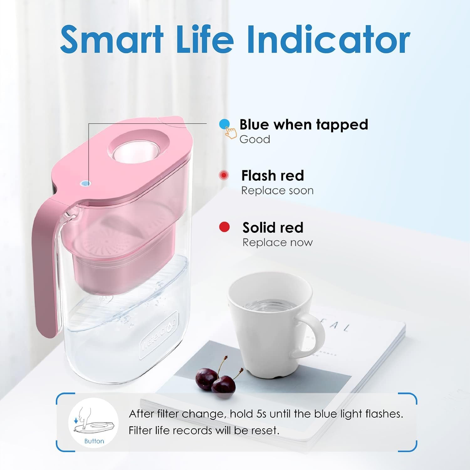 PT-05P Water Filter Pitcher, 7-Cup Capacity, NSF Certified, 5X Longer Filter Life, up to 200 Gallons, for Fridge, Countertop, and Gift Giving, Reduces PFOA/PFOS, Chlorine, Pink