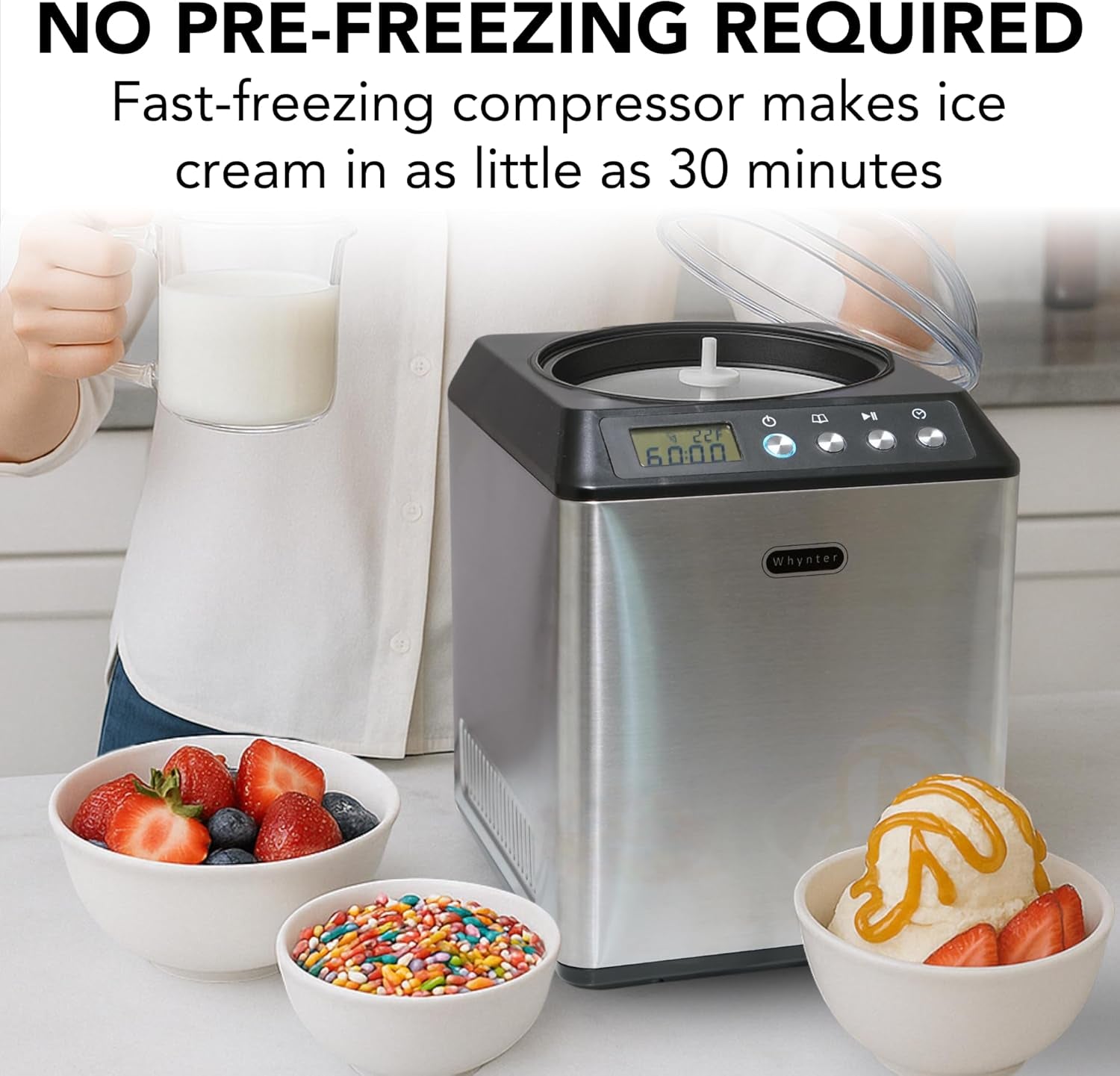 Automatic Ice Cream Maker Machine - 2.1 Qt Upright with Built-In Compressor, LCD Display & Timer - No Pre-Freezing - Stainless Steel ICM-201SB